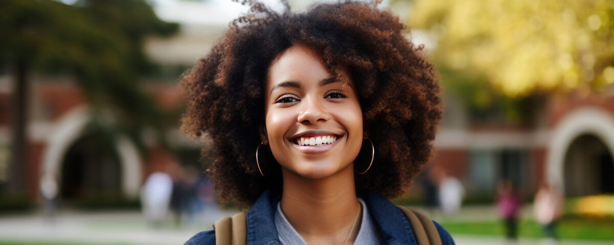 Smiling black female student outside on a university campus