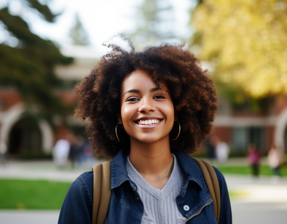 Smiling black female student outside on a university campus